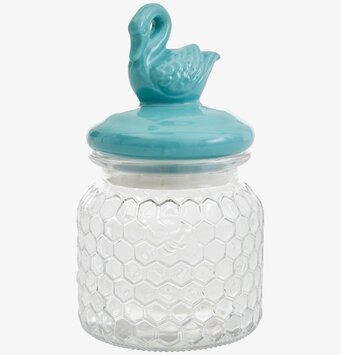 Bild av charmig glasburk med turkost lock och svan