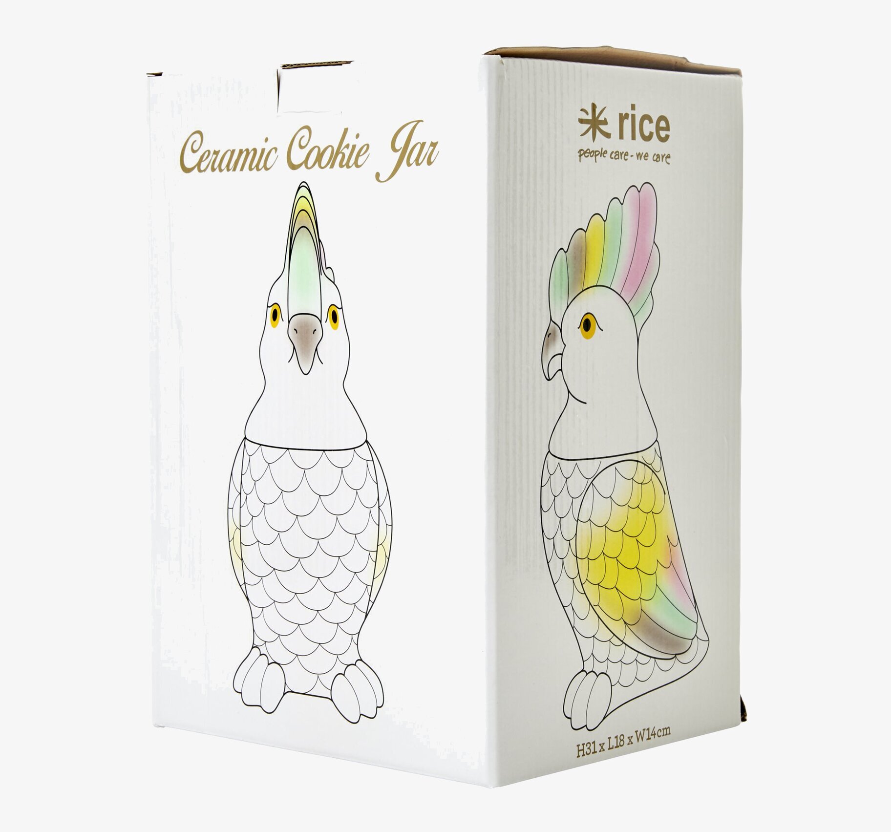 Porslinsburk Kakadua från Rice med färgglad fjäderdräkt