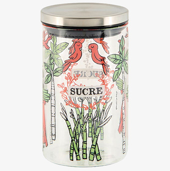 Bild av glasburk med tropiskt tryck och metallock