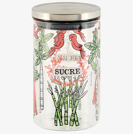 Bild av glasburk med tropiskt tryck och metallock