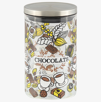 Bild av glasburk med chokladmotiv och metallock