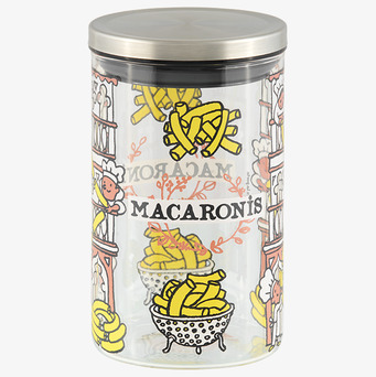 Foto av glasburk med färgglada illustrationer