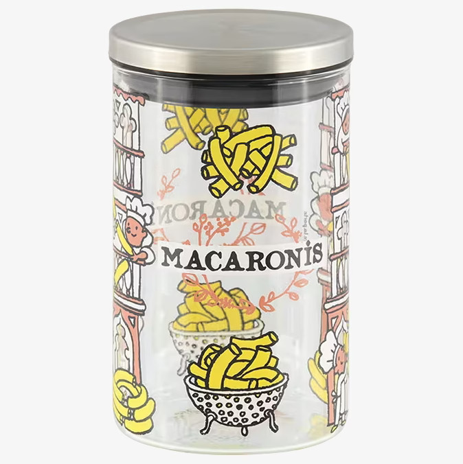 Foto av glasburk med färgglada illustrationer