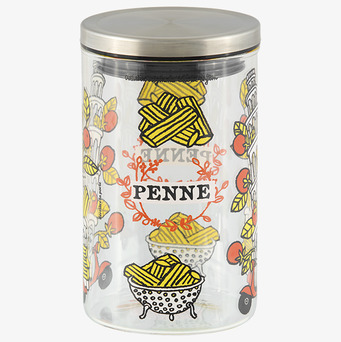 Foto av glasburk med penne-design och metallock