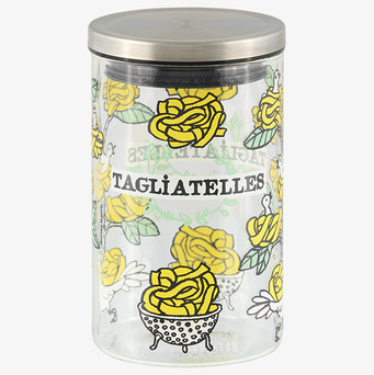 Bild av glasburk med illustrerade tagliatellemotiv