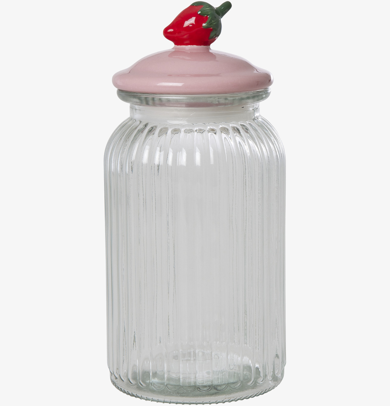 Bild av glasburk med rosa lock och jordgubbshandtag