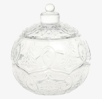 Foto av elegant glaskupa med lock och dekorativa mönster