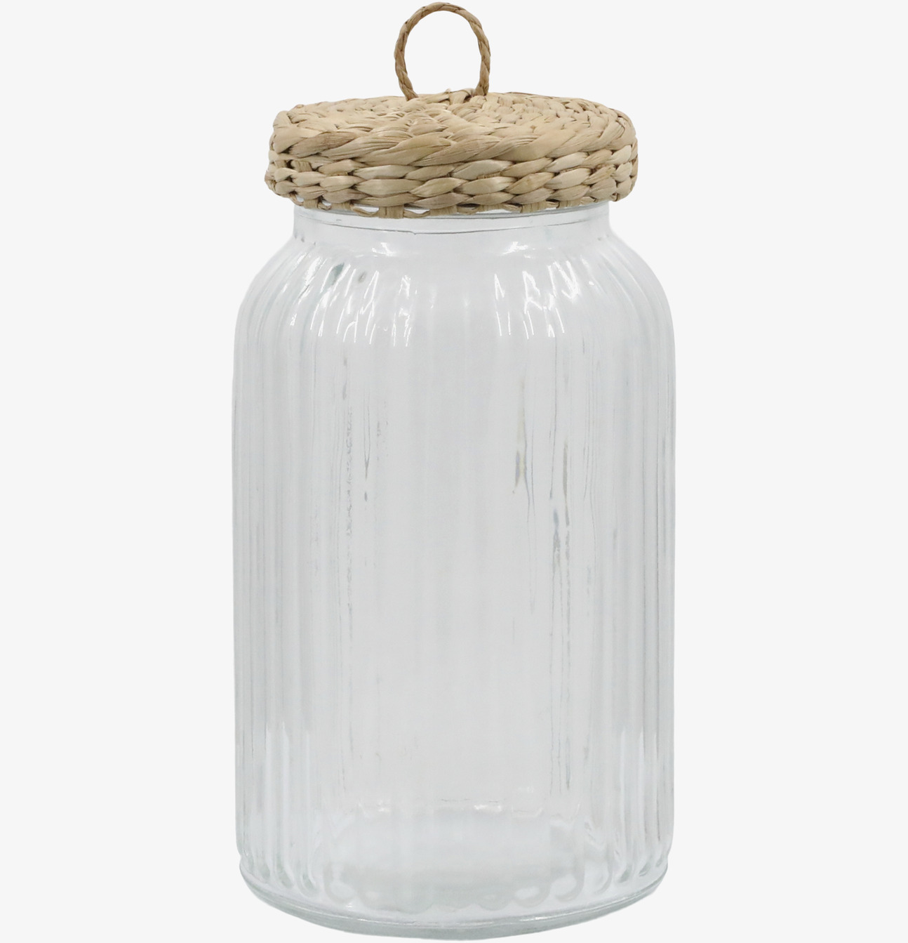 Bild av stor glasburk med flätat lock och ränder