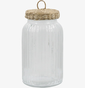 Bild av stor glasburk med flätat lock och ränder