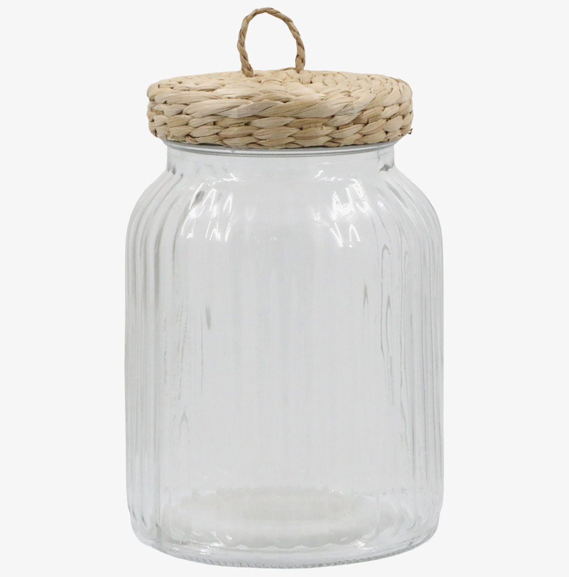 Bild av elegant glasburk med flätat lock och mönster