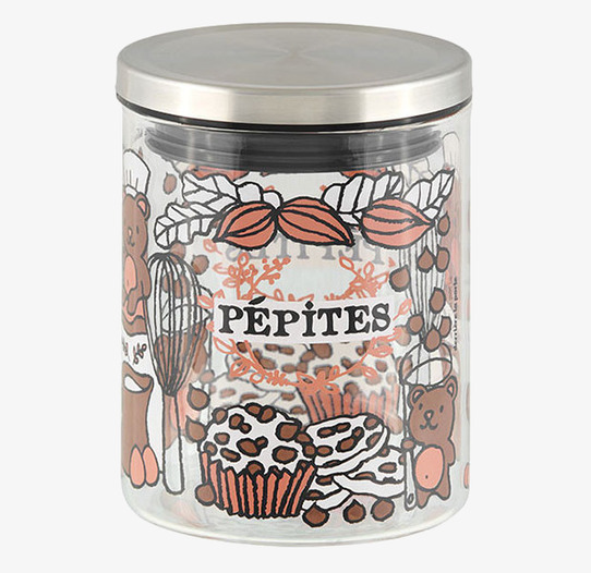 Bild på glasburk med färgglad bakningsillustration och lock