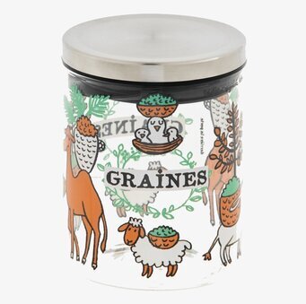 Bild på glasburk med lock och djurmotiv för fröer och nötter