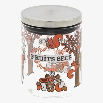 Bild på dekorativ glasburk med ekorrar för nötter och frukt