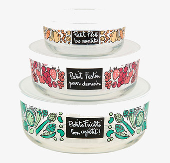 Bild på staplade runda glasburkar med färgglada motiv