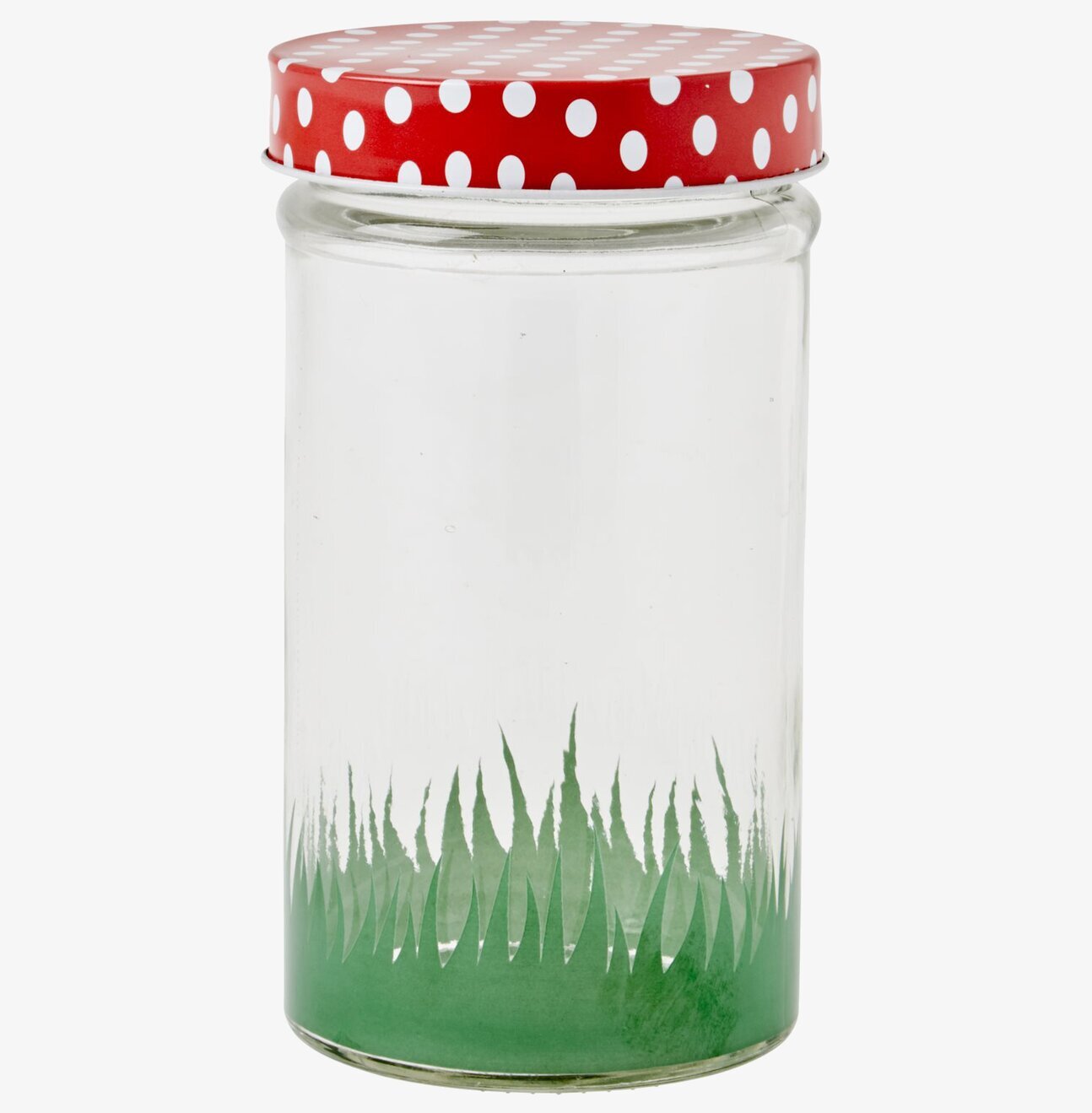 Bild av glasburk med färgglatt lock och grön bas